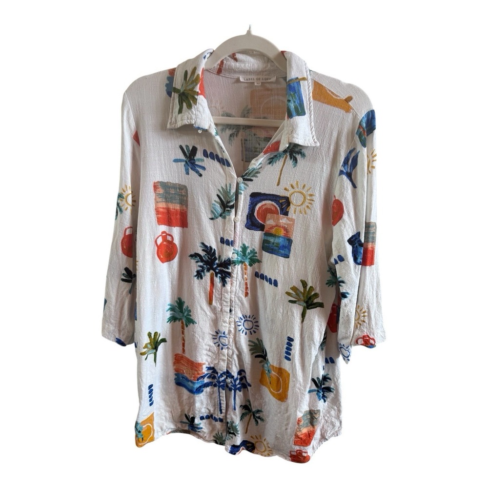 Label Of Love Linen Blend Button Down Shirt/Swim Coverup Medium Vacation Print